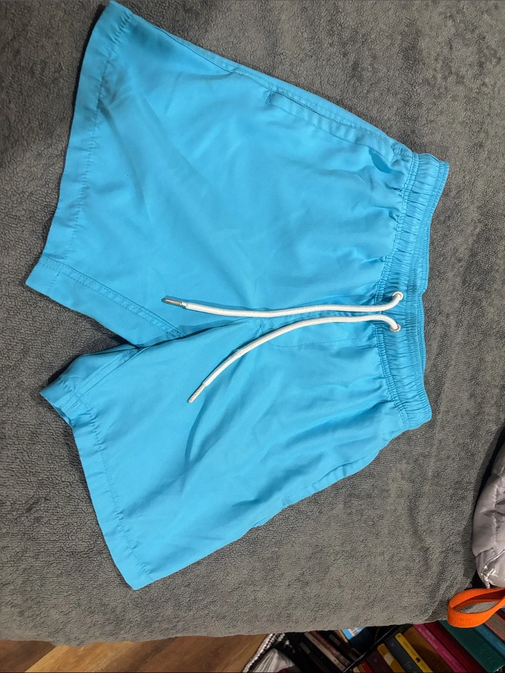 Kids Bright Blue Elastic Waist Swim Trunks with White Drawstring